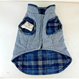new dog outdoor barn coat reversible warm/durable soft tweed/ flannel blue